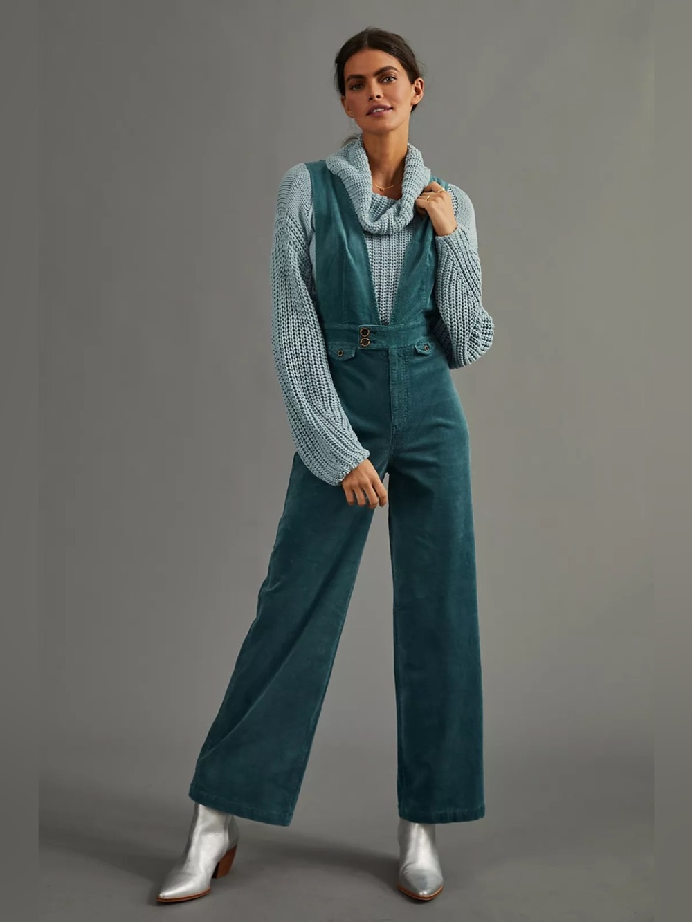 Anthropologie Pilcro Deep-V Corduroy Wide Leg Green Jumpsuit Size 27